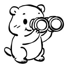 Cute groundhog looking through binoculars simple line art adorable woodland animal illustration exploring theme minimalist black and white doodle style