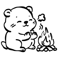 Cute groundhog warming paws by campfire simple line art adorable woodland animal illustration cozy winter scene minimalist black and white doodle style