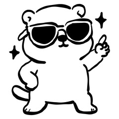 Cute groundhog wearing sunglasses pointing upward simple line art adorable woodland animal illustration confident pose minimalist black and white doodle style