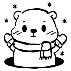 Cute groundhog wearing scarf with falling snow simple line art adorable woodland animal illustration winter theme minimalist black and white doodle style