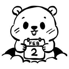 Cute groundhog holding Feb 2 calendar simple line art adorable woodland animal illustration Groundhog Day theme minimalist black and white doodle style