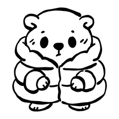 Cute groundhog wearing puffy winter coat simple line art adorable woodland animal illustration cozy cold weather theme minimalist black and white doodle style