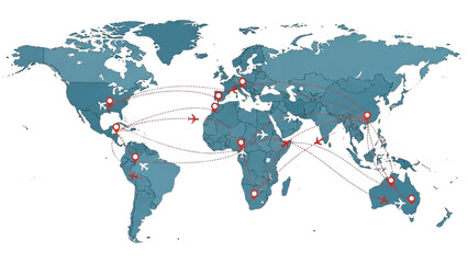 Global travel routes visualized on a world map with connecting lines and markers