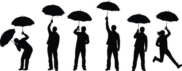 Diverse silhouette collection of people holding black umbrellas in various positions, including standing, running, and bending, depicting rain, bad weather, protection, and outdoor life in the city.