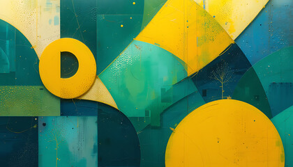 Abstract painting featuring yellow circles and geometric shapes in shades of green and blue, HD and 4k image