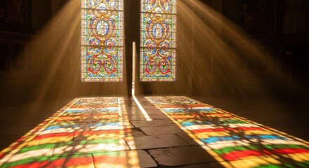 Radiant shafts illuminating ancient stained glass projecting colors on the floor