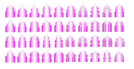 Collection of black silhouette islamic arch shapes decorative architectural elements for mosque palace or other building design on a white background