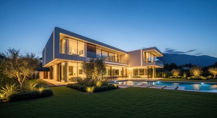 Fototapeta premium Architectural marvel illuminated against twilight skies, a modern mansion showcasing luxury