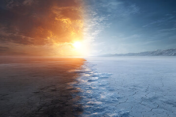 Surreal landscape of two worlds colliding in a desert and wasteland