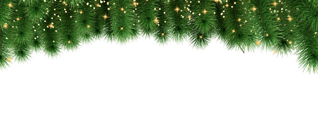 christmas background with fir branches and yellow light on white