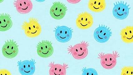 Cute and cheerful colorful hand drawn crayon smiley faces seamless pattern background design
