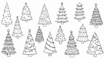 Collection of hand drawn Christmas trees in various styles and designs.