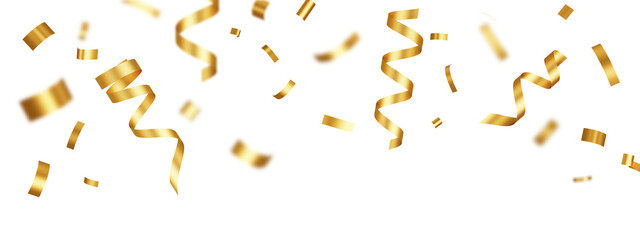 Christmas golden confetti floating on white background. 	