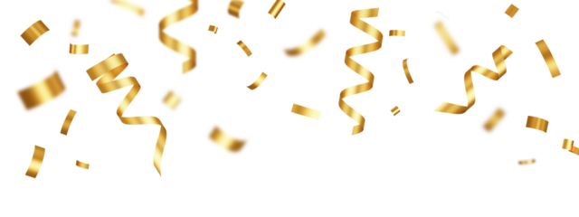 Christmas golden confetti floating on white background.