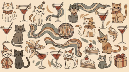 Cute Cat Party Celebration with Cocktails and Cake.