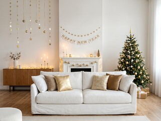 Festive living room interior with a white sofa and elegant Christmas decorations.