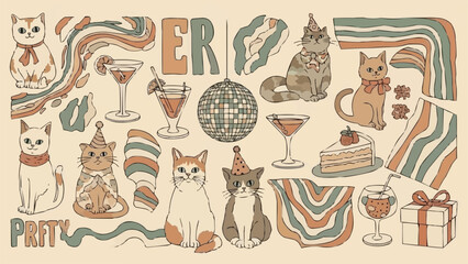 Groovy retro party cats with cocktails and disco ball illustrations.