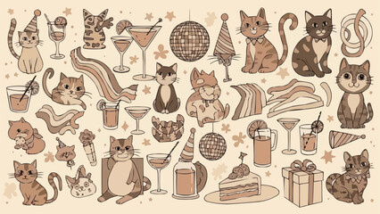 A delightful collection of cats celebrating with party hats and drinks.