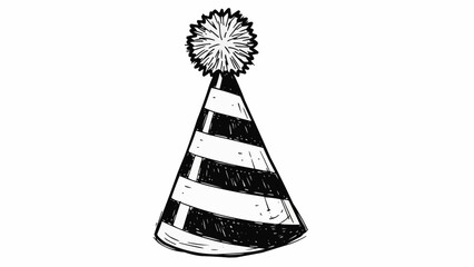 Black and white party hat with stripes and a pompom on top.