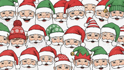 A cheerful crowd of cartoon Santa Claus faces celebrating Christmas.
