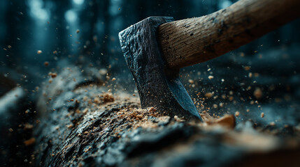 A heavy axe strikes into the tree trunk, scattering wood chips and capturing a powerful moment in the quiet forest.