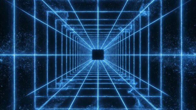 Expanding and contracting geometric grid pattern composed of bright neon blue light lines dissolving into the endless dark space modern, grid, blue