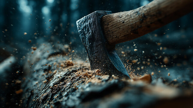 A heavy axe strikes into the tree trunk, scattering wood chips and capturing a powerful moment in the quiet forest.
