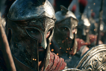 Ancient greek hoplite in battle scene – historical warrior portrait