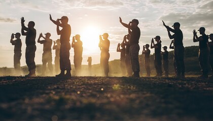 Military Unit Training Silhouetted Against Sunset