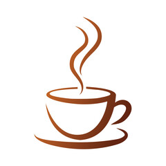 Stylized illustration of a steaming cup of coffee or tea on a saucer with a minimalist design
