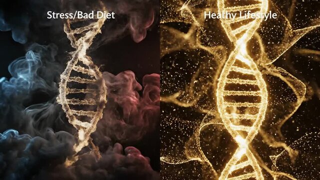 Contrast Lifestyle Impact Healthy vs Stressed DNA Split Screen