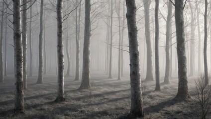 Fototapeta premium Misty Forest Scene with Bare Trees and Sunlit Fog.