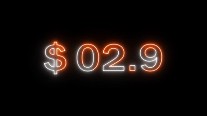 Neon 7 dollar counting animation. Increasing counter dollar number. Business count dollar number. Counting money and digits.