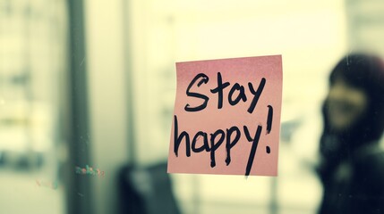 Pink sticky note saying stay happy stuck on glass window