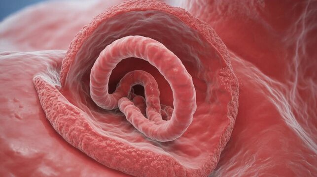 Close up 3D animation of a roundworm parasite infection inside intestines anatomy