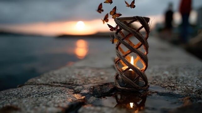 A mesmerizing candle surrounded by soft light and butterflies illuminating a twilight scene by the waterfront, evoking feelings of serenity, beauty, and warmth in nature's embrace.