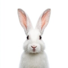 Obraz premium Adorable fluffy white rabbit with large ears and expressive eyes isolated on a bright background for creative projects and design needs