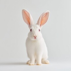 Obraz premium Cute white rabbit with large ears posing in a bright studio against a plain white background for animal-themed photography