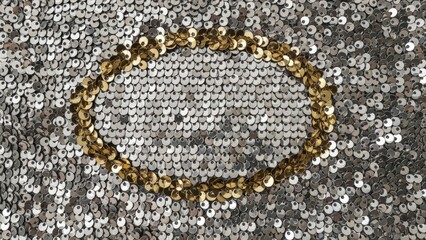 Shiny Silver Sequin Fabric with a Gold Oval Shape in the Center.