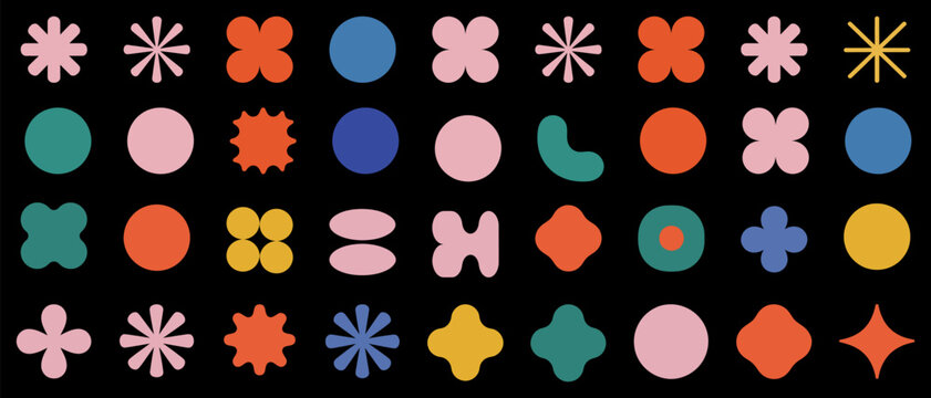 Vibrant Abstract Geometric Shapes Vector Pattern Collection. Playful Y2K-Inspired Modern Design Elements and Organic Blob Forms for Creative Projects on Black Background