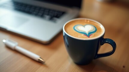 Cup of coffee with heart art and laptop on wooden desk