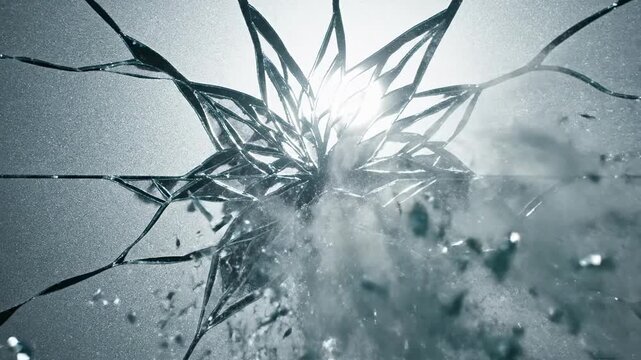 Extreme close-up in slow motion of a frosted glass pane shattering across the entire surface forming intricate fragmented patterns detailed, extreme close-up, design