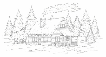Naklejka premium Cozy cabin in winter surrounded by pine trees and snow 