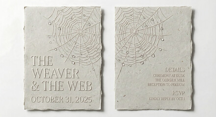 Elegant and unique autumn wedding or event invitation with a deep debossed spiderweb and dewdrops design on rustic, deckle-edged handmade paper. Ideal for gothic or themed celebrations.