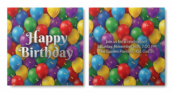 Birthday invitation with a dense, colorful background of realistic balloons and gold confetti. Perfect, vibrant pattern for celebrations, greetings, and announcements of important events.