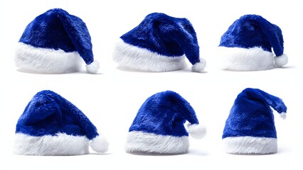 Collection of six vibrant blue Santa hats isolated on a pure white background, featuring plush white faux fur trim and pom-poms. Modern, non-traditional Christmas and holiday headwear set.