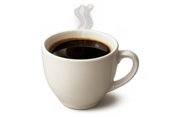 Hot black coffee in white ceramic cup with steam rising, a comforting morning beverage on transparent background