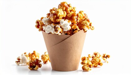 A brown textured paper cone filled with caramel and plain popcorn, placed on a clean white surface.