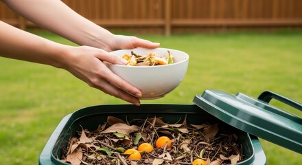 Hands adding kitchen food waste to a compost bin in a backyard garden for organic recycling and sustainability