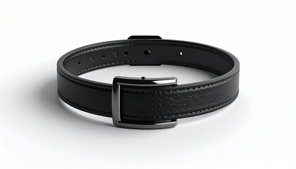 A black leather belt with silver buckle fastened into a circular shape, displayed on a neutral background.